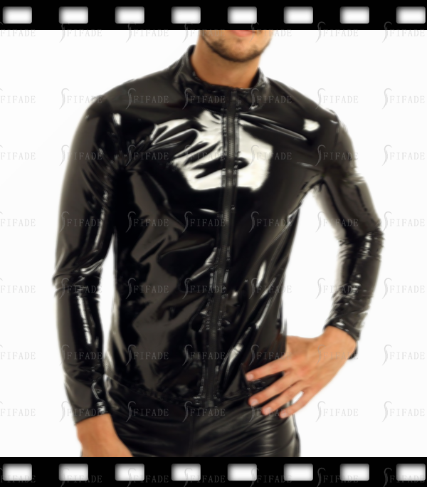 Latex T-shirt for Men Long Sleeves Slim Fitted Stand-away Neck Customized 0.4mm