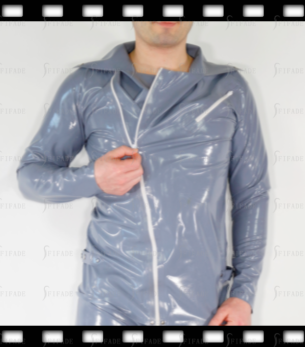 Latex Coat for Men Long Straight Sleeves Side Zip Skirts Neck Customized 0.4mm