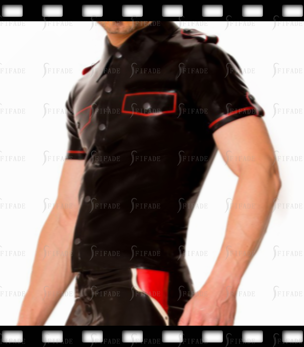 Latex Shirts Men's Short Sleeves Fake Pockets with Shoulder Girdles Fitted Slim Customize 0.4mm