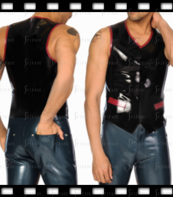 Latex Vest For Men’s Rubber Tops Front Small Pockets Snap Buttons Slim Fitted Cool Customized 0.4mm Thickness