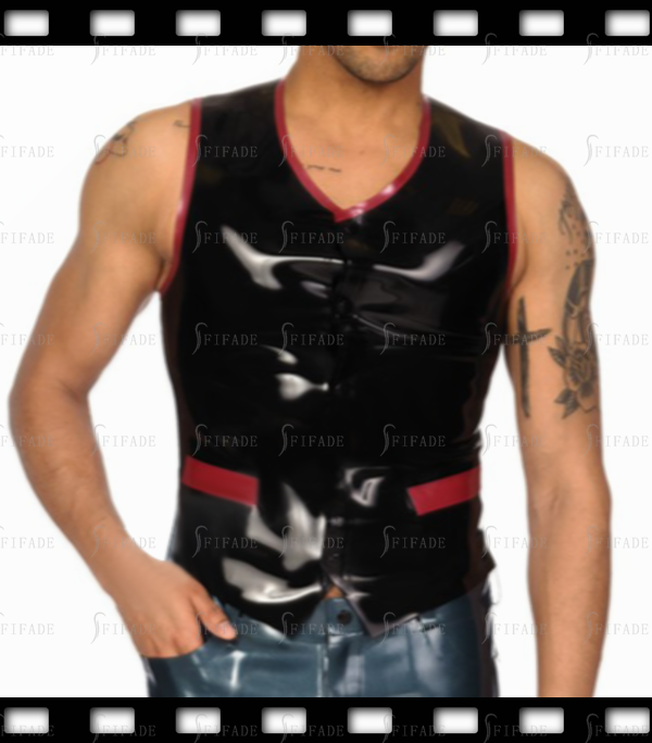 Latex Vest For Men’s Rubber Tops Front Small Pockets Snap Buttons Slim Fitted Cool Customized 0.4mm Thickness