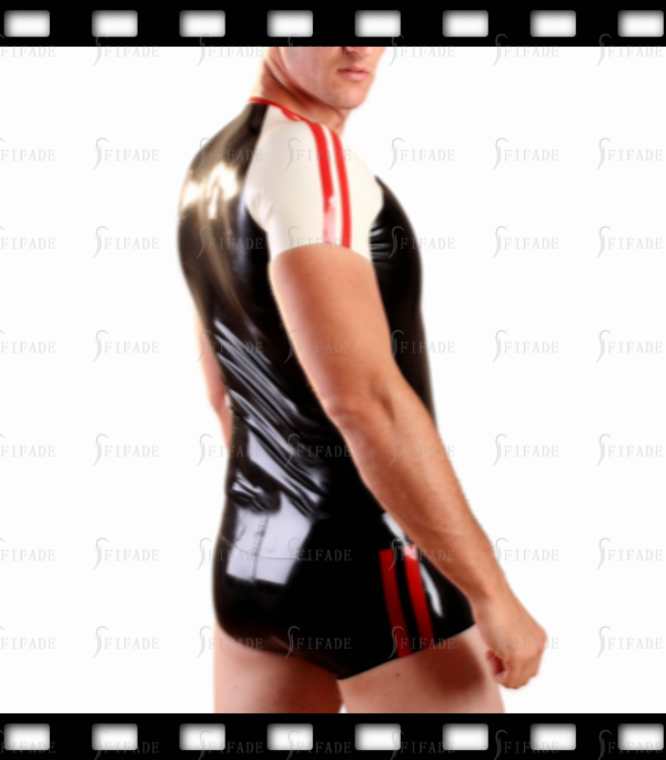 Latex Sports Leotard Men's Jumpsuit Short Sleeves Side Trims V Neck Entry No Zip Customized 0.4