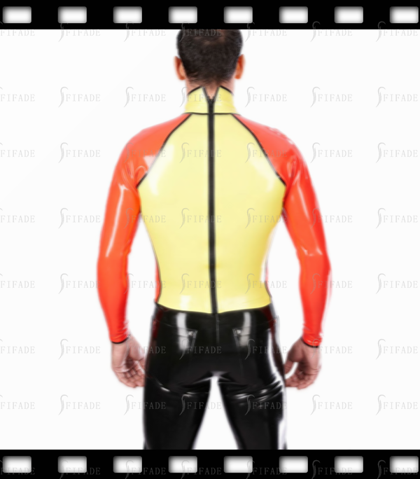 Latex Men's T-shirt Long Sleeves Slim Tops Contrast Color Back Zip Customized 0.4mm