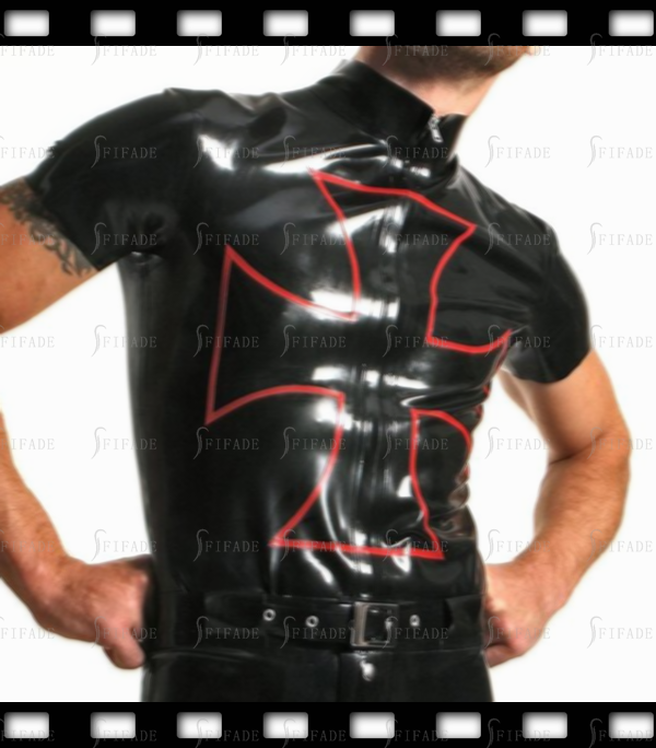 Latex Men's T-shirt Short Sleeves Crusader Kings Patterns Front Zip Customized 0.4mm