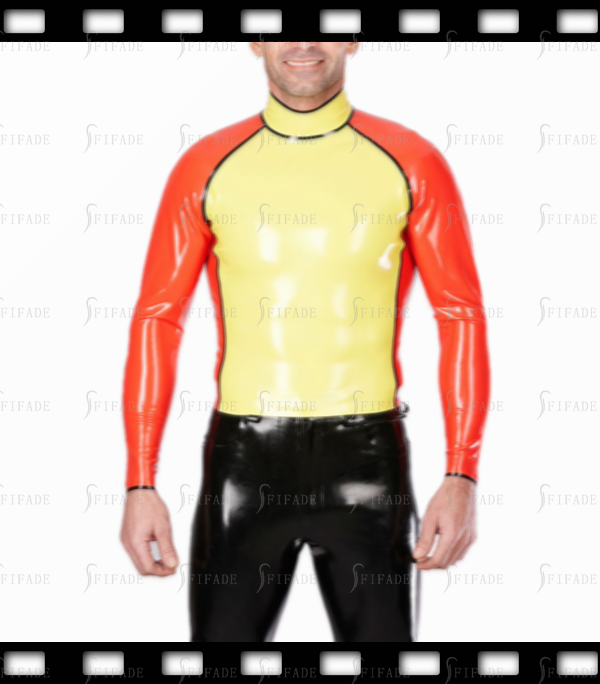 Latex Men's T-shirt Long Sleeves Slim Tops Contrast Color Back Zip Customized 0.4mm