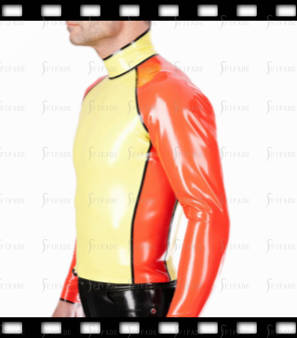 Latex Men's T-shirt Long Sleeves Slim Tops Contrast Color Back Zip Customized 0.4mm