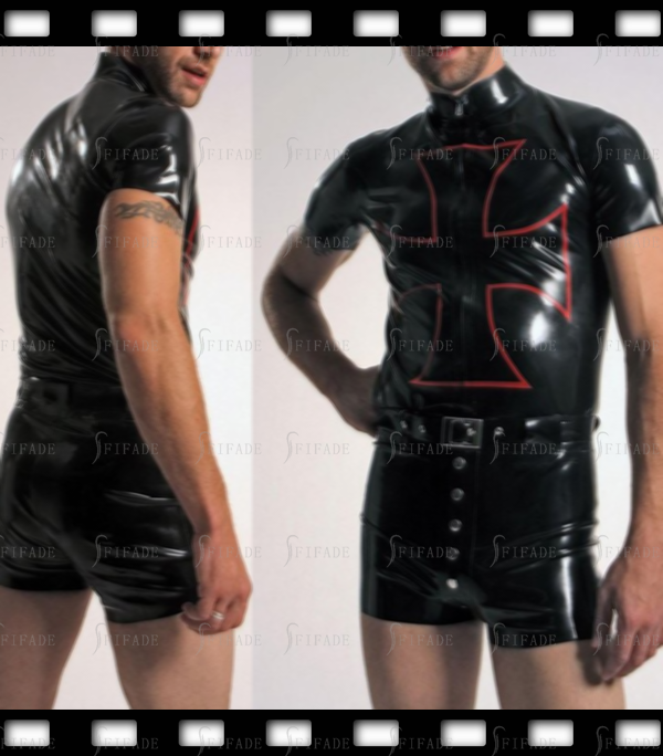Latex Men's T-shirt Short Sleeves Crusader Kings Patterns Front Zip Customized 0.4mm