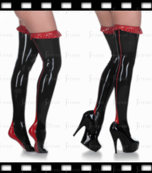 Latex Stockings with Upper Red Ruffles Sexy Cool Unisex Customized 0.4mm
