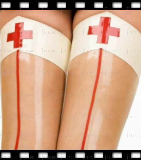 Latex Stockings with Red Cross Maid Cosplay Wear Stockings Customized 0.4mm