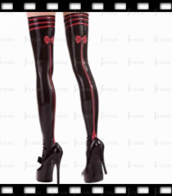 Latex Stockings with Upper 3 Thin Trims Bowknot Sweat Cute Stockings Customized 0.4mm
