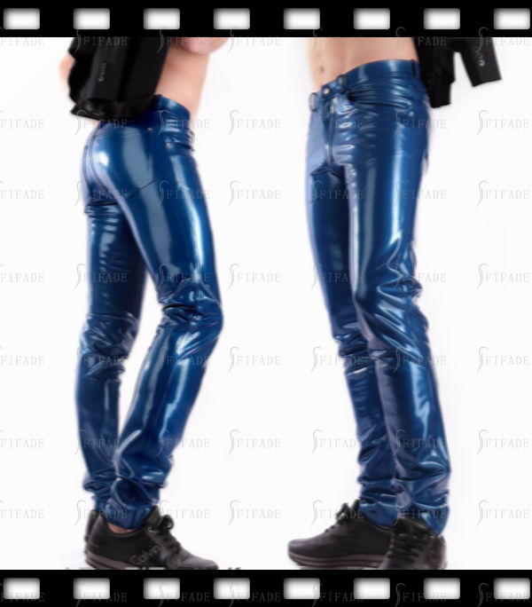 Latex Classic Jeans Slim Style Metallic Blue Front Zipper Belt Loops Customized 0.4MM