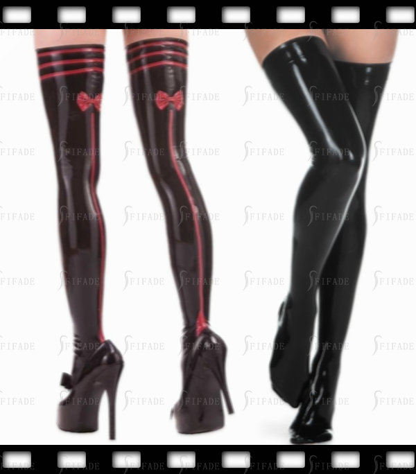 Latex Stockings with Upper 3 Thin Trims Bowknot Sweat Cute Stockings Customized 0.4mm