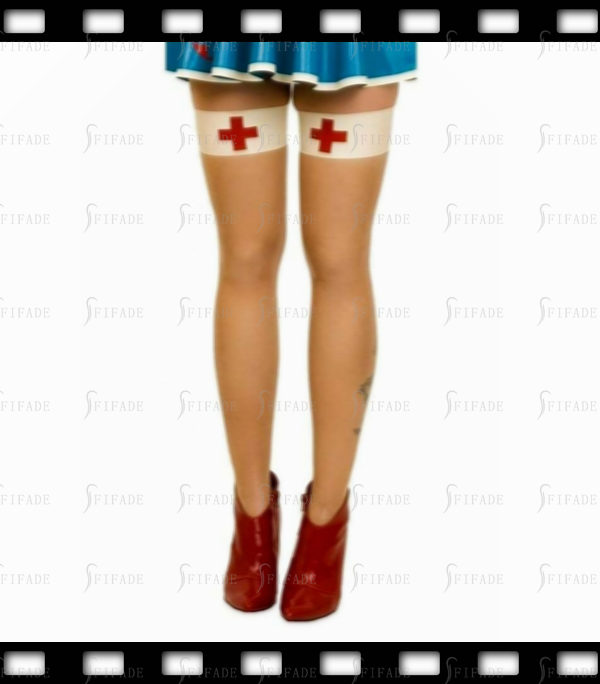 Latex Stockings with Red Cross Maid Cosplay Wear Stockings Customized 0.4mm