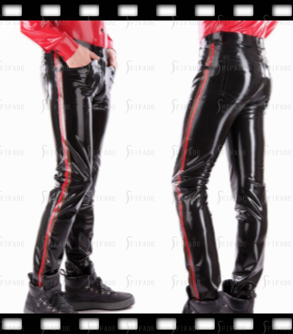 Latex Men's Jeans Regular Fit Pants Side Double Trims Front Zipper Belt Loops Customized 0.4MM