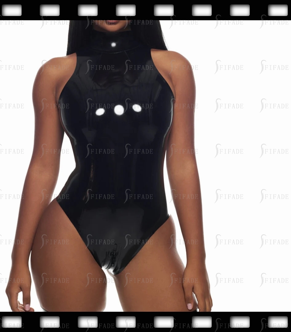 Latex Leotard Black Swimwear Rear Long Zip & Crotch 2-Way Zip Customized 0.4mm