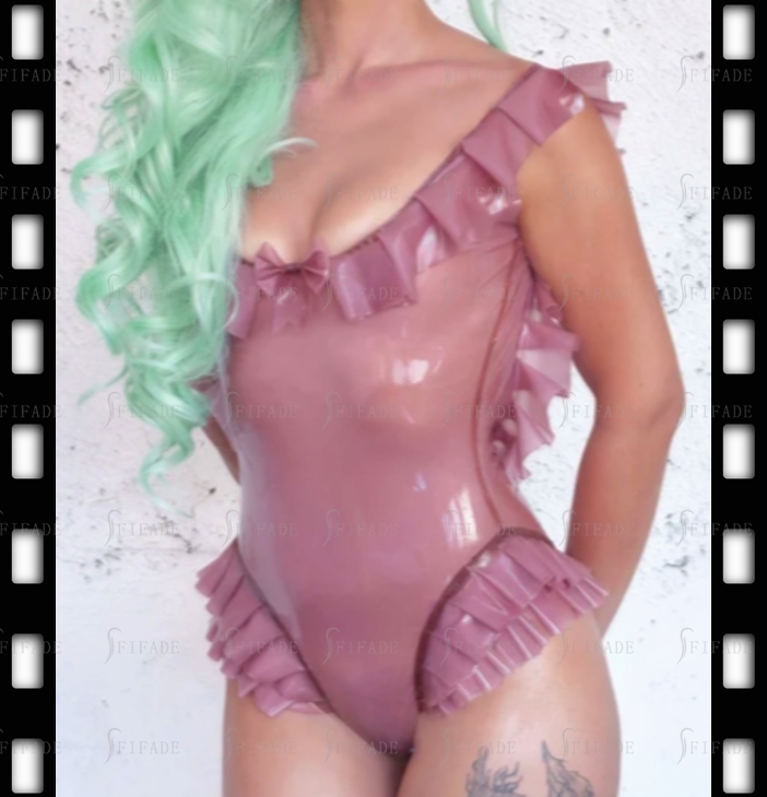 Latex Leotard Transparent Pink Sweat Ruffles Style Blackless No Zip Customized 0.4mm