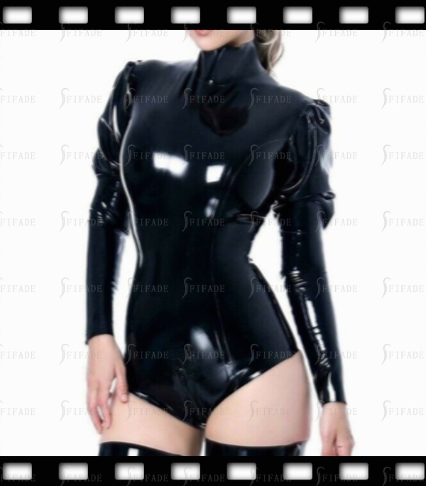 Latex Leotard Long Puffs Sleeves High Neck Back Zip Sexy Customized 0.4mm