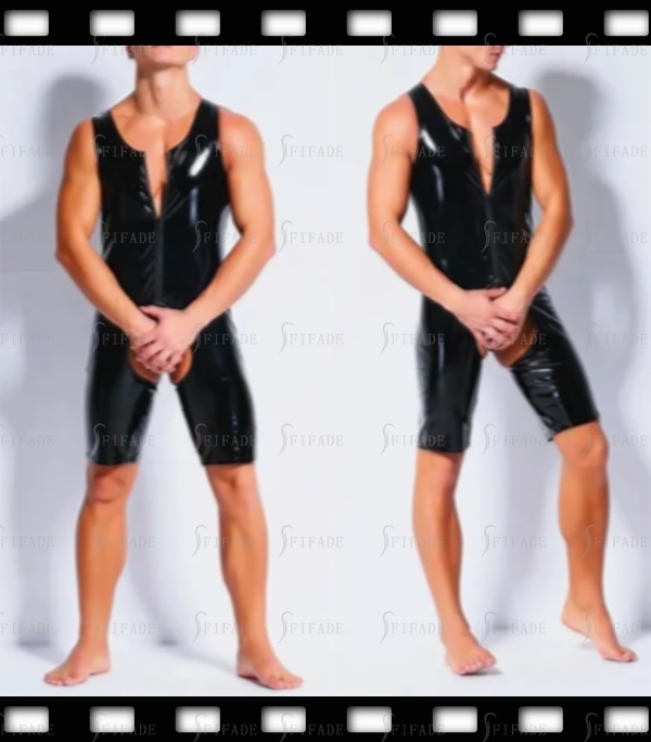 Latex Leotard for Men Sleeveless Crotchless Open Hole Cool Customied 0.4mm