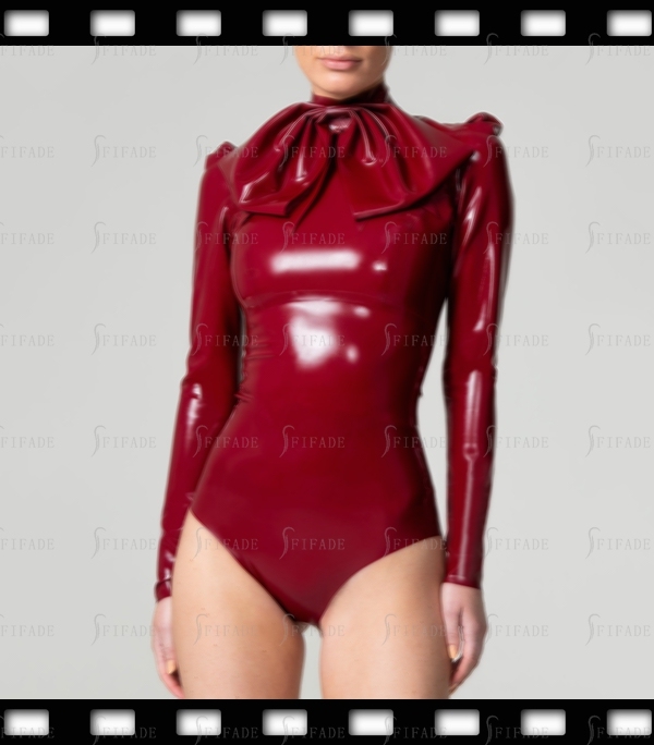 Latex Leotard Long Sleeves with Gathered Sleeve Heads High Collar Customized 0.4mm