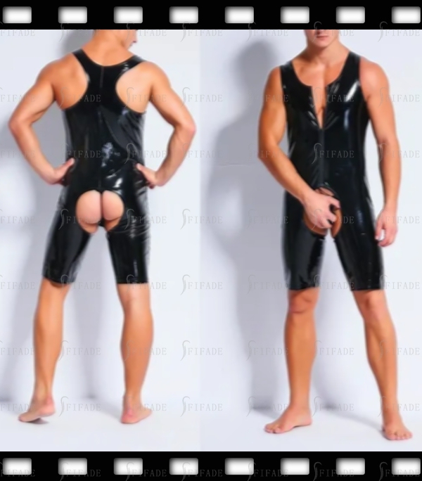 Latex Leotard for Men Sleeveless Crotchless Open Hole Cool Customied 0.4mm
