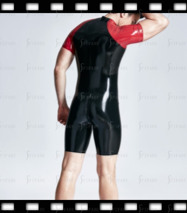 Latex Leotard for Men Red Short Sleeves Front 2 Way Zip Cool Customied 0.4mm