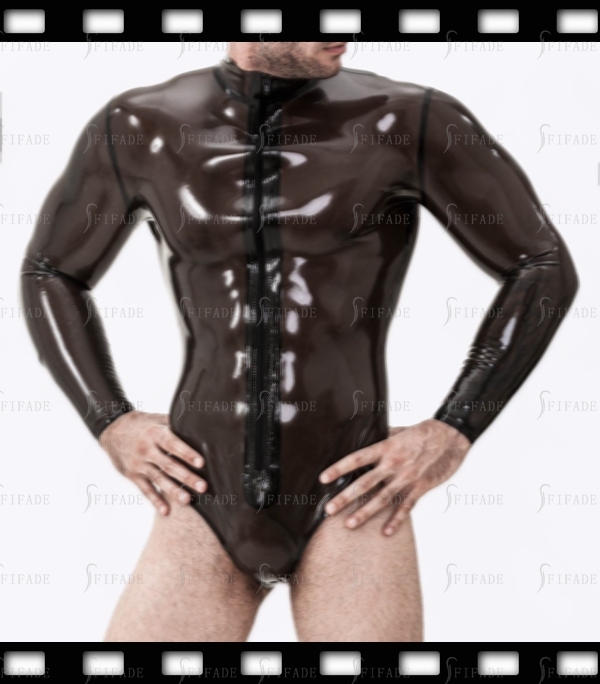 Latex Leotard Long Sleeves Briefs Bottom Style Front Long Zip Customied 0.4mm