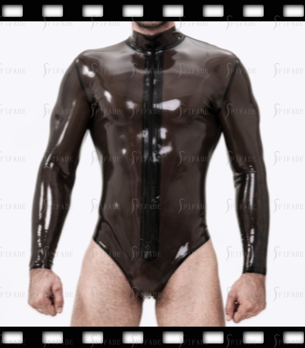 Latex Leotard Long Sleeves Briefs Bottom Style Front Long Zip Customied 0.4mm