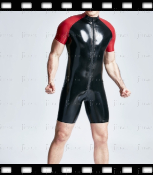 Latex Leotard for Men Red Short Sleeves Front 2 Way Zip Cool Customied 0.4mm