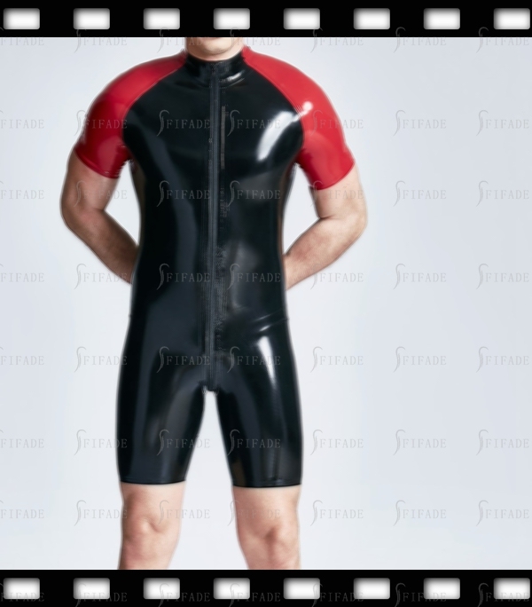 Latex Leotard for Men Red Short Sleeves Front 2 Way Zip Cool Customied 0.4mm