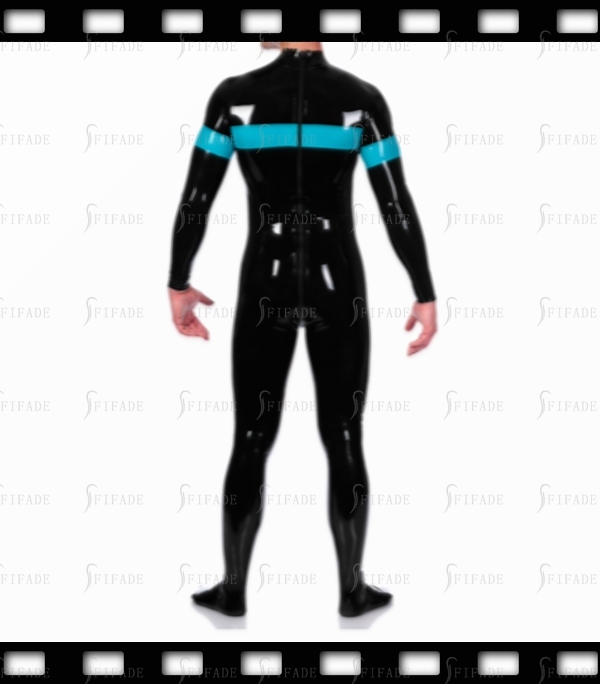 Latex Catsuit for Men Jumpsuit Contrasting Color Trims Unisex Back 3 Way Zip Customized 0.4mm
