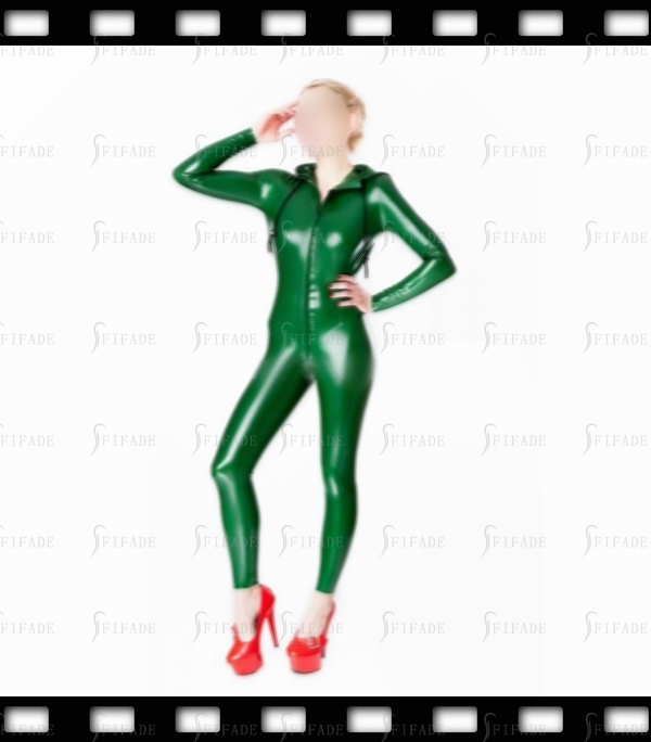 Latex Catsuit with Hoodies Neck Drawstring Front 3 Way Zip Sports Jumpsuit Customized 0.4mm