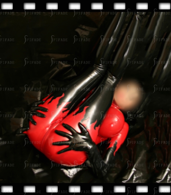 Latex Catsuit Fire Flames Inflation Breast Cosplay Front 3 way Zip Sexy Customied 0.4mm