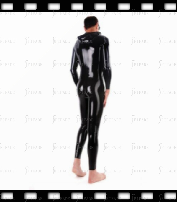 Latex Catsuit for Men with Hoodies Neck Drawstring Front Zip Sports Leotard Customized 0.4mm
