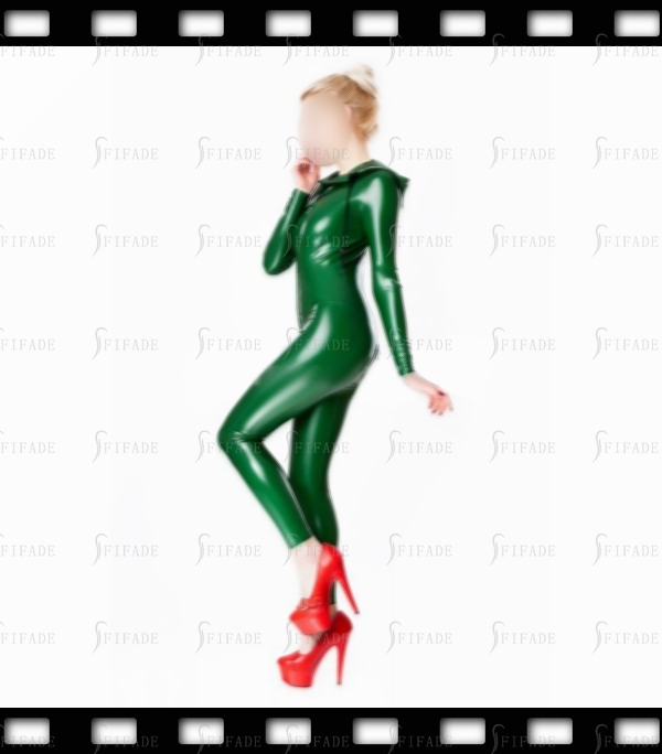 Latex Catsuit with Hoodies Neck Drawstring Front 3 Way Zip Sports Jumpsuit Customized 0.4mm