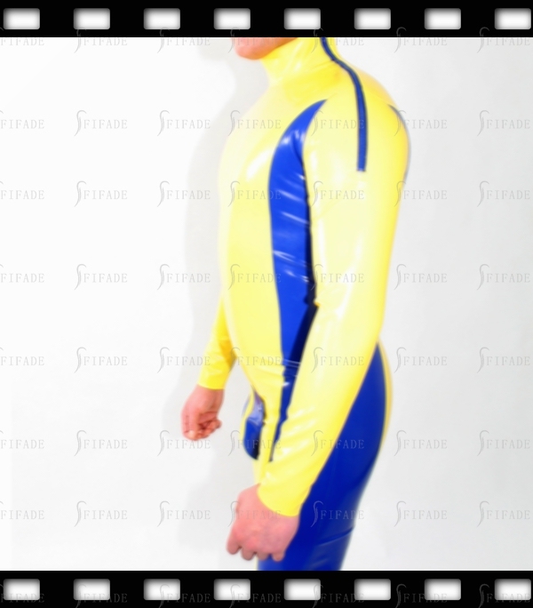 Latex Catsuit with Cod Piece Shoulder Entry Zip Contrasting Color Unisex Customized 0.4mm