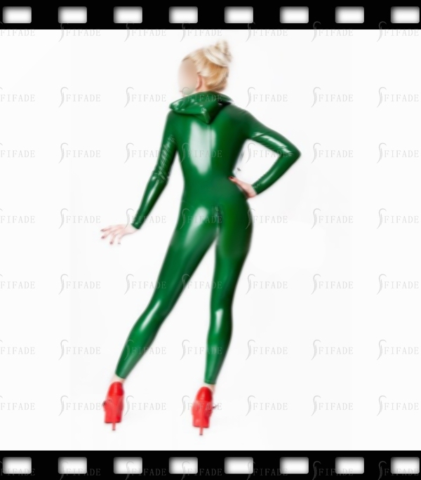 Latex Catsuit with Hoodies Neck Drawstring Front 3 Way Zip Sports Jumpsuit Customized 0.4mm