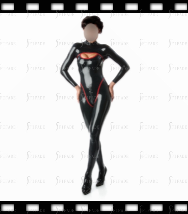 Latex Catsuit for Women Unique Cleavage Red Trims Back 3-way Zip Customized 0.4mm