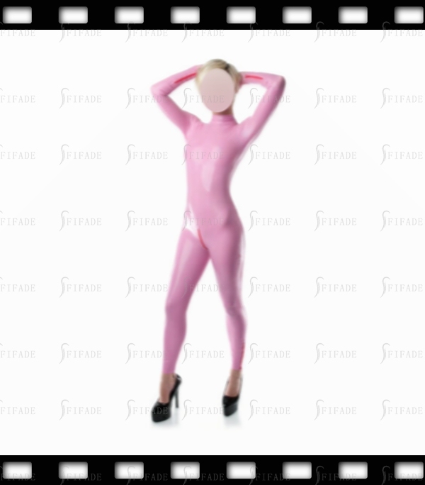 Latex Catsuit Pink Color Back 3 Way Zip with Ankle & Cuff Zip High Neck Sexy Hot Customized 0.4mm