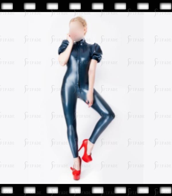 Latex Catsuit for Women Short Puff Sleeves Sexy Front 3 Way Zip Customized 0.4mm