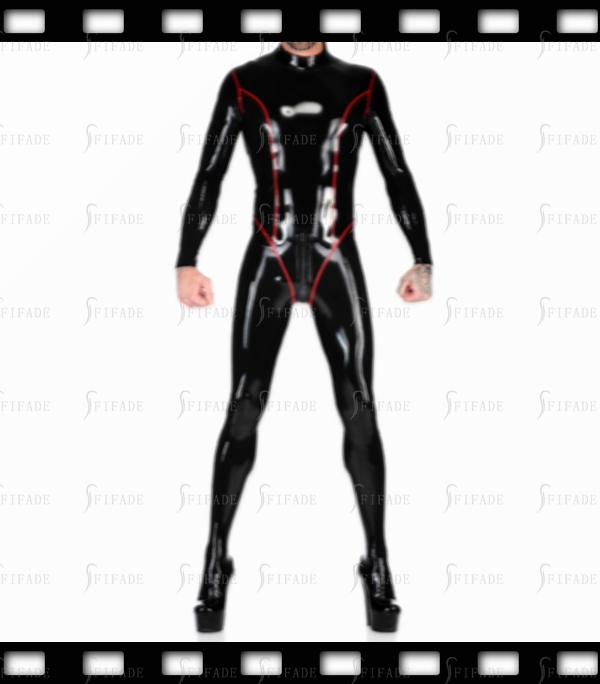 Latex Catsuit Princess Cutting Red Trims Back 3 Way Zip Customized 0.4mm
