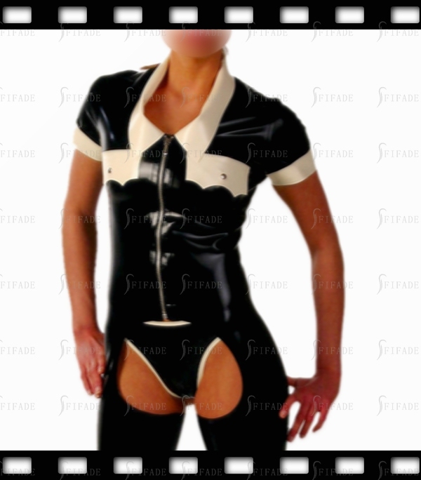 Latex Catsuit One-piece Shirt Style Short Sleeves Fake Pockets Front Zip Crotchless Customized 0.4mm
