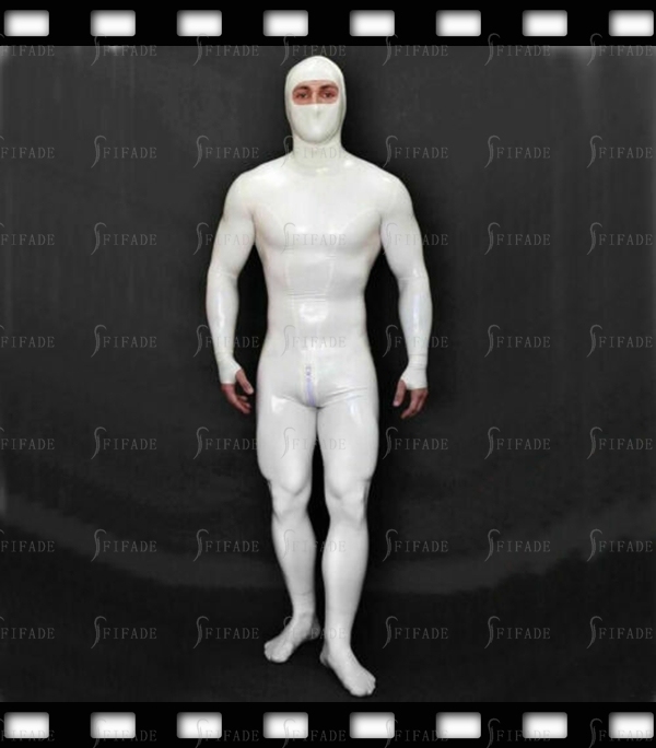 Latex Catsuit with Mittens Back Zip White Ninjia Cosplay Customized 0.4mm E69