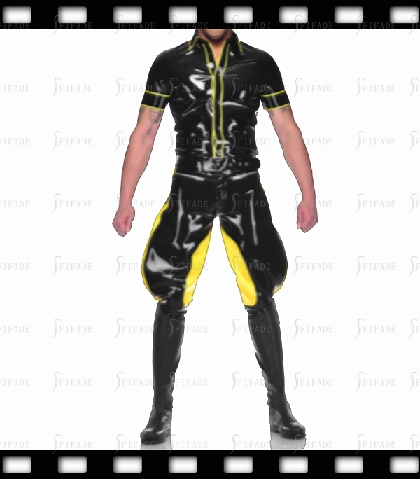 Latex Shirts for Male Short Sleeves Tops Unique Yellow Trims Customized .4mm