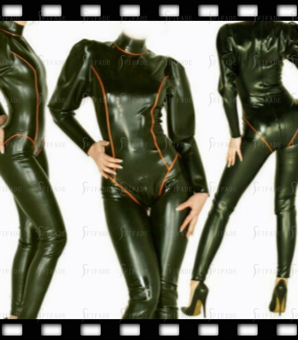 Latex Catsuits Puffs Sleeves with Red Trims Sexy Unisex Customized 0.4mm