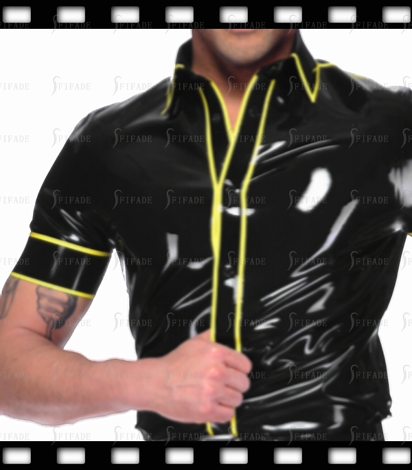 Latex Shirts for Male Short Sleeves Tops Unique Yellow Trims Customized .4mm
