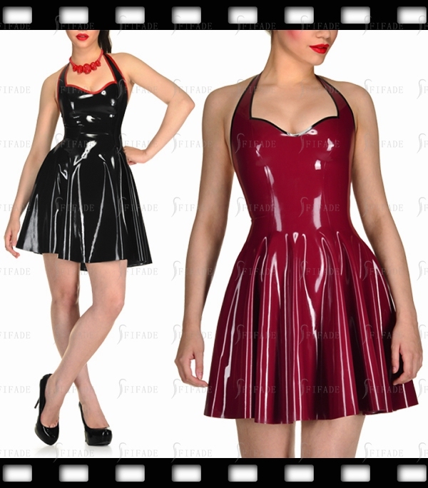 Latex Dress Halter Sweat-heart Neck Rear Zip Pleated Skirts Sexy Customized 0.4mm