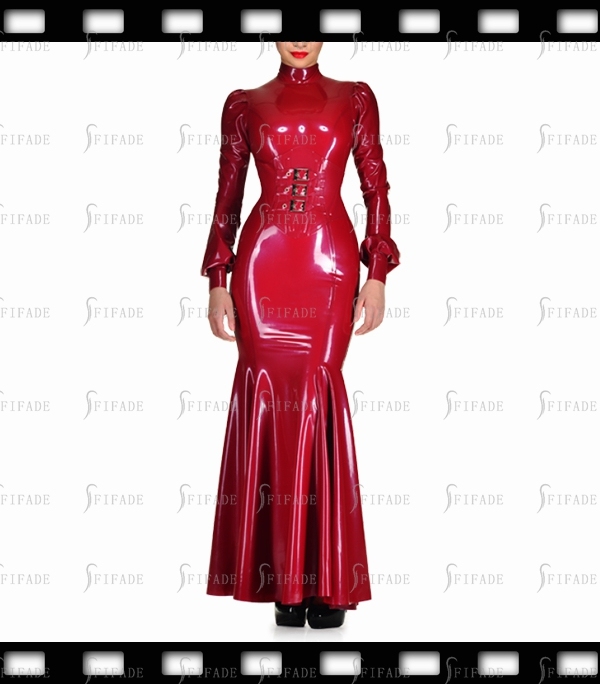 Latex Evening Dress attached Corset Mermaid Sleeves Buttons Customized 0.4mm