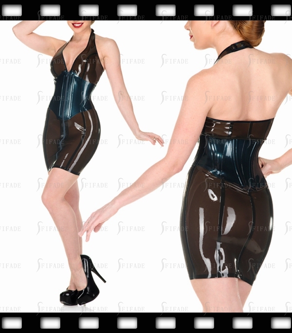 Latex Dress Halter attached Corset inside Bones Front Zip Customized 0.4mm