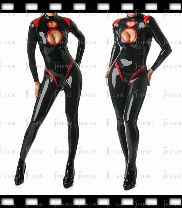 Latex Catsuit Red Trims Sexy Neck 2 Hollow Design Rear Zipper Customize .4mm