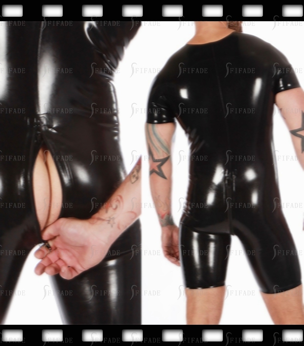 Latex Mens Leotard Around Collar Front 3 Way Zip Short Sleeves Cool Customie F11